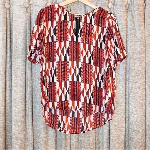 Michael Michael Kors Red & Cream Southwestern Print Sheer Short Sleeve Top Small - Picture 1 of 13
